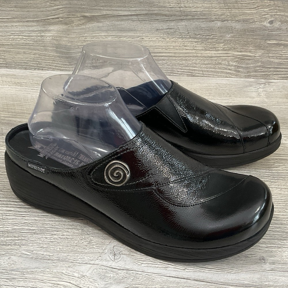 MEPHISTO Air Relax Nature Is Future Black Patent Leather Slip On Mules Size 10